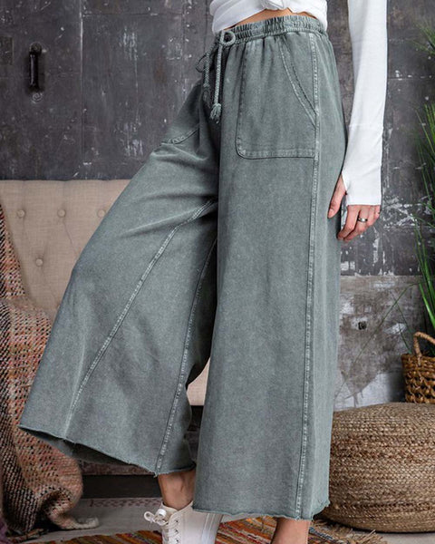 Mineral Wash Wide Leg Pants with Raw Frayed Hem - Olive main image 0