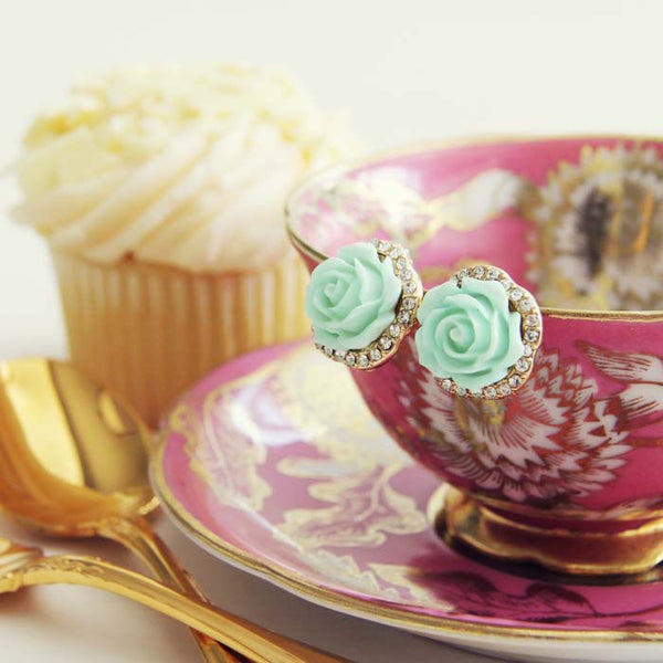 Rose Bud Stud Earrings in Mint: Featured Product Image