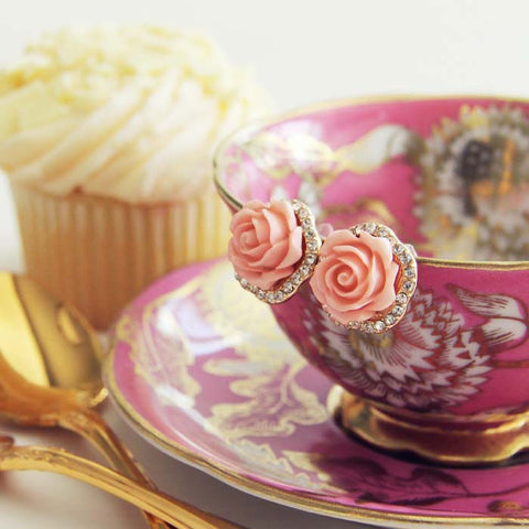 Rose Bud Stud Earrings in Pink