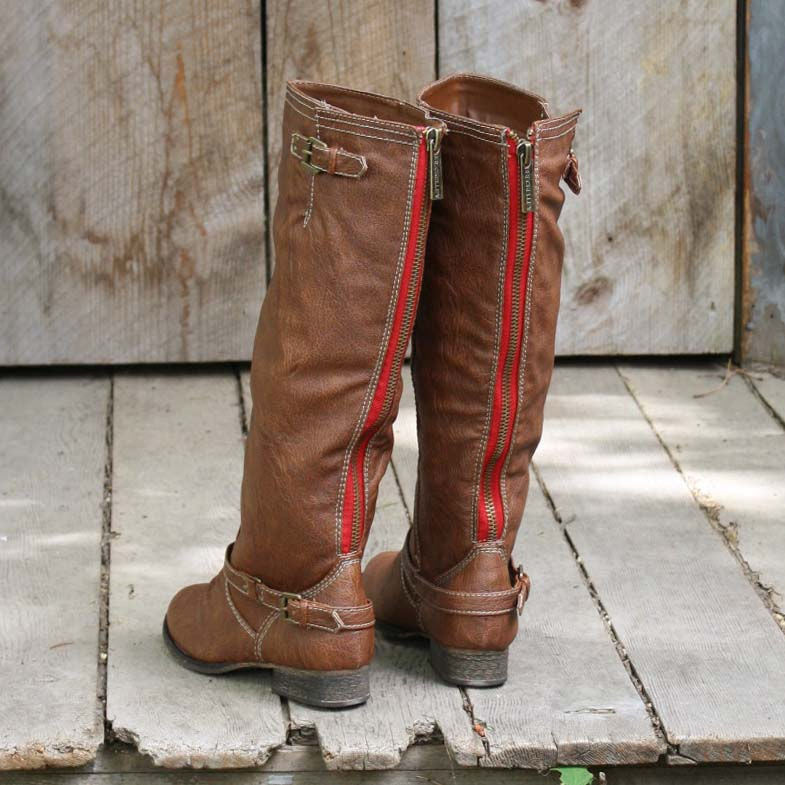Brown boots with clearance red zipper in back