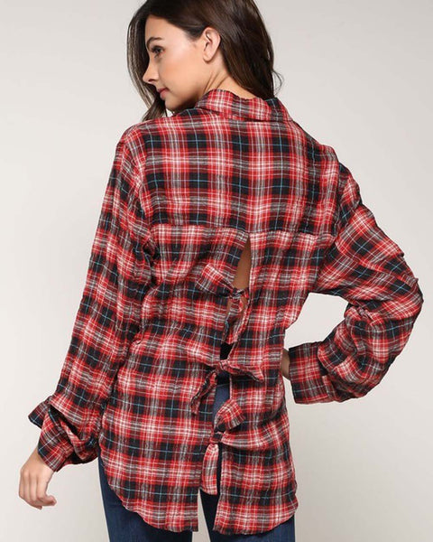 Tie Back Plaid Top in Red: Featured Product Image