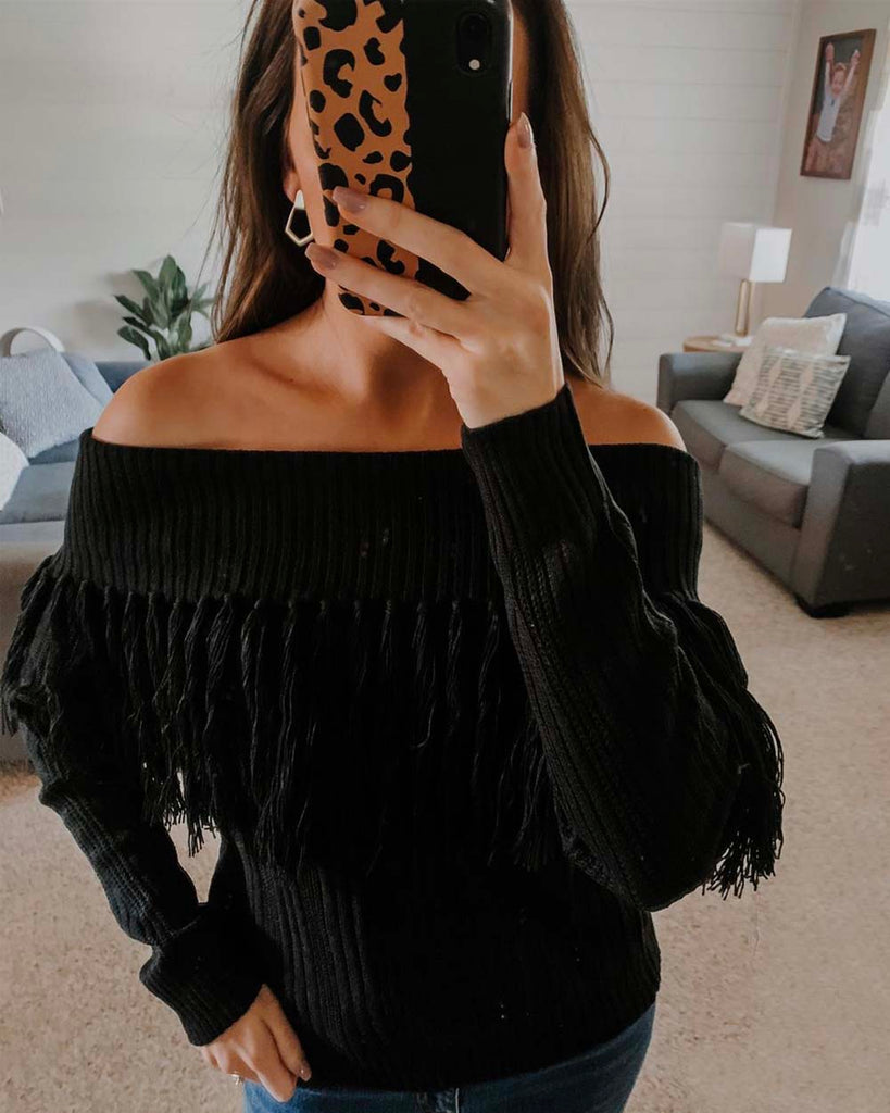 Off shoulder fringe discount sweater