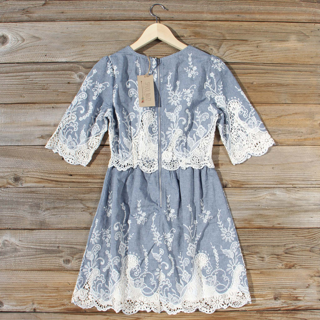chambray and lace dress Raya Sun Chambray Floral Embroidery Tiered Dress - Chambray
