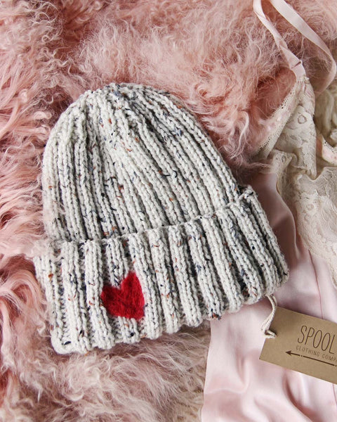 Hand Knit Heart Beanie in Gray: Featured Product Image