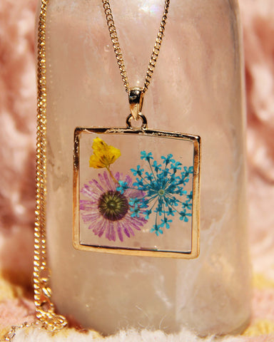 Pressed Wildflower Necklace - Square