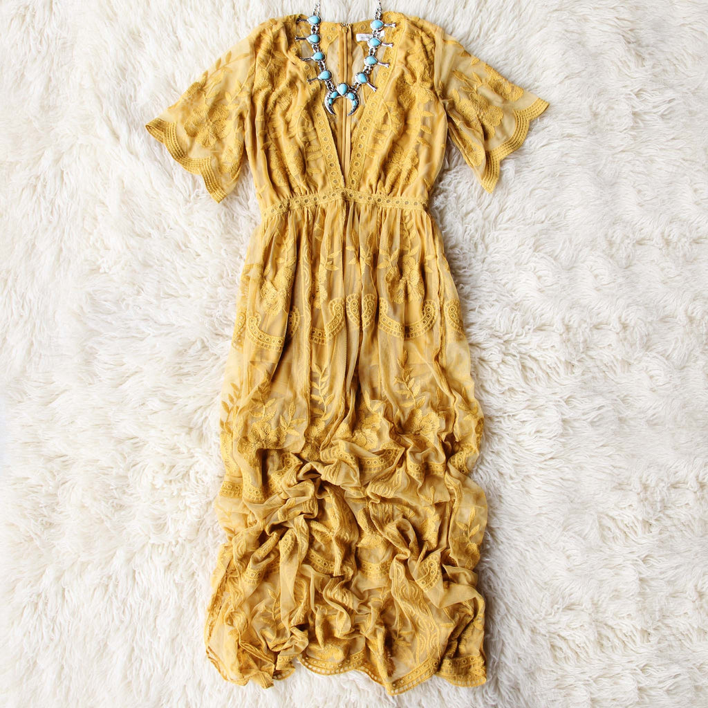 Tainted Rose Lace Maxi Dress in Mustard, Sweet Bohemian Maxi Dresses from Spool 72. | Spool No.72 Tainted Rose Lace Maxi Dress in Mustard, Sweet Bohemian Maxi Dresses from Spool 72. | Spool No.72
