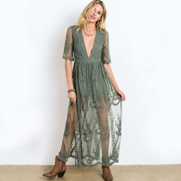 Tainted Rose Lace Maxi Dress in Sage: Featured Product Image