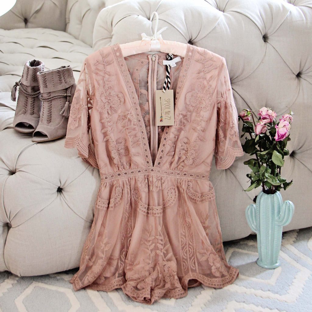 Tainted Rose Lace Romper in Taupe, Sweet Bohemian Lace Rompers from Spool 72. | Spool No.72 Tainted Rose Lace Romper in Taupe, Sweet Bohemian Lace Rompers from Spool 72. | Spool No.72