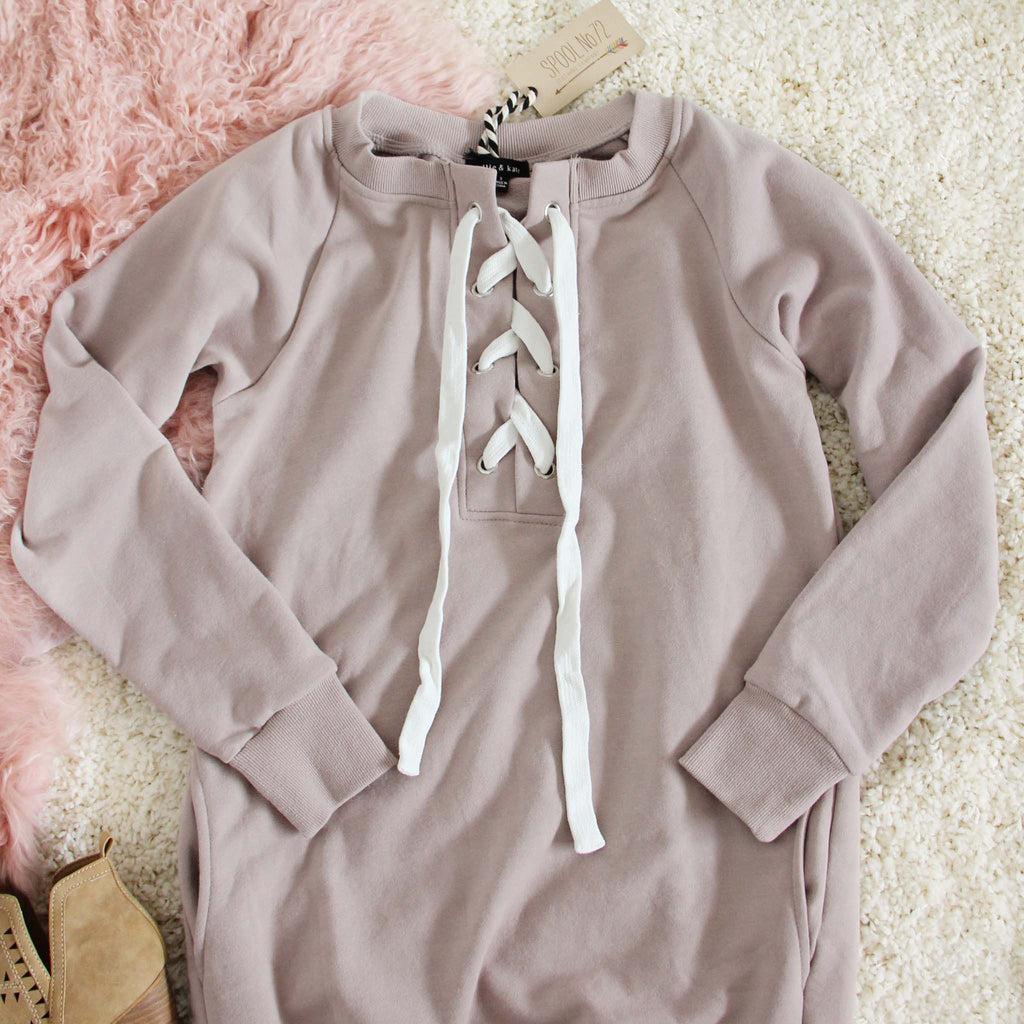 The Lace-up Sweatshirt Dress in Taupe, Cozy Sweatshirt Dresses from Spool 72. | Spool No.72 The Lace-up Sweatshirt Dress in Taupe, Cozy Sweatshirt Dresses from Spool 72. | Spool No.72