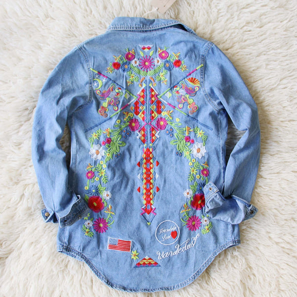 Wanderlust Embroidered Denim Top: Featured Product Image